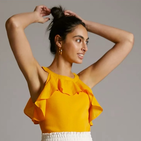 Anthropologie Maeve Ruffled Rib Halter Tank in Mango size Extra Small - NWT - Picture 4 of 16